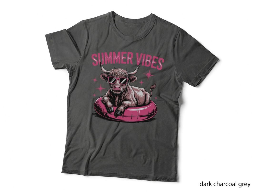 Summer Vibes Highland Cow T-Shirt, Highland Cow Relaxing in Tube Graphic Tee