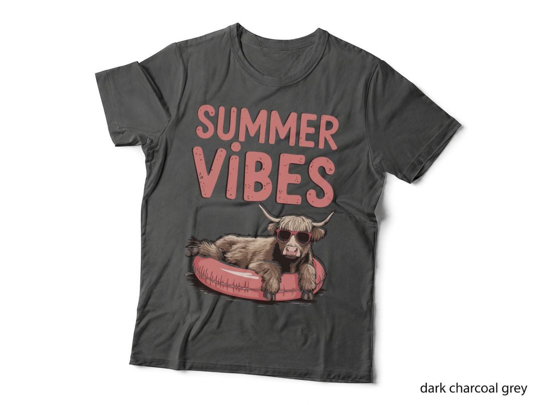 Summer Vibes Sarcastic Animal T-Shirt, Highland Cow Lounging on Floatie Graphic