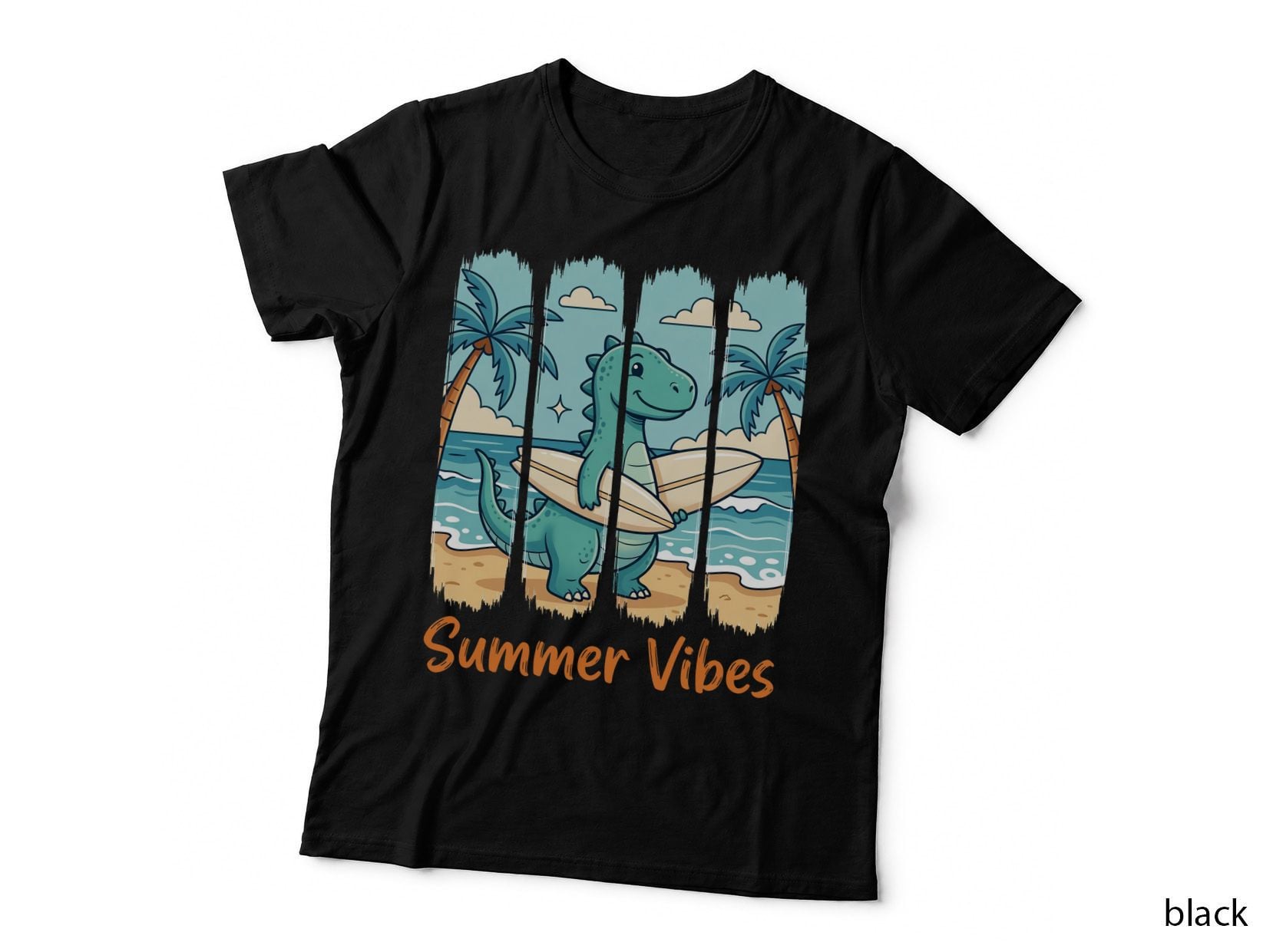 Summer Vibes Summer T-Shirt, Dinosaur Surfing Beach Scene Sunny Tee