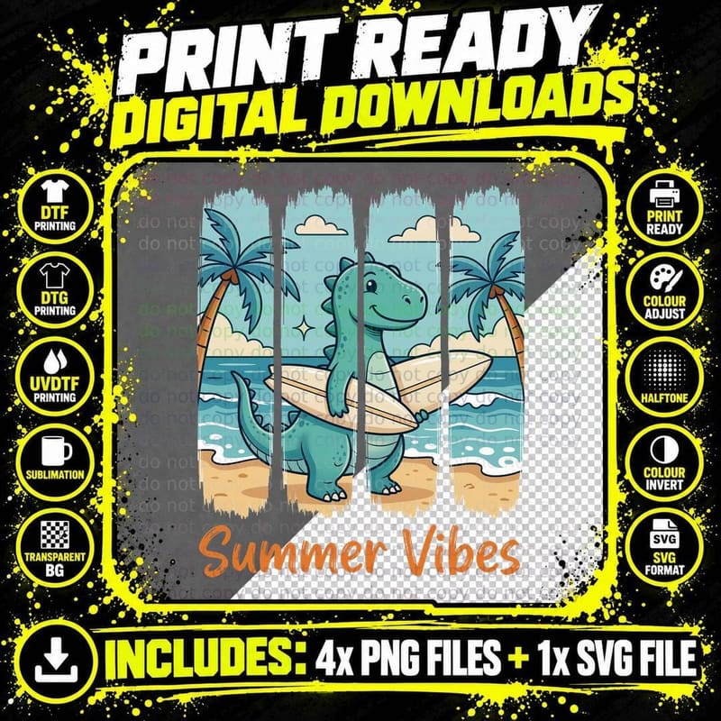 Summer Vibes Summer T-Shirt, Dinosaur Surfing Beach Png SVG Digital Bundle