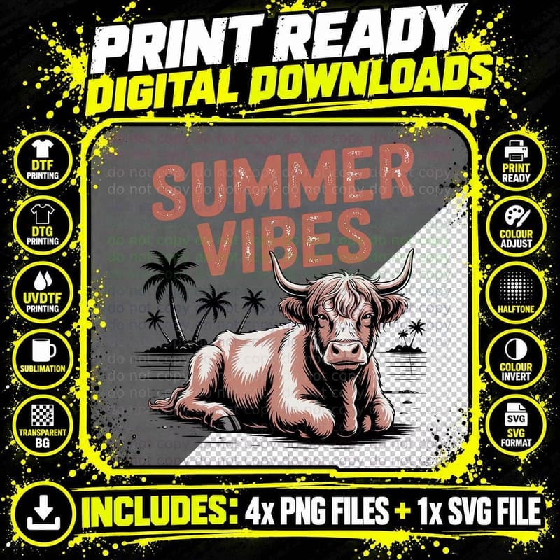 Summer Vibes Summer T-Shirt, Highland Cattle with Palm Png SVG Digital Bundle