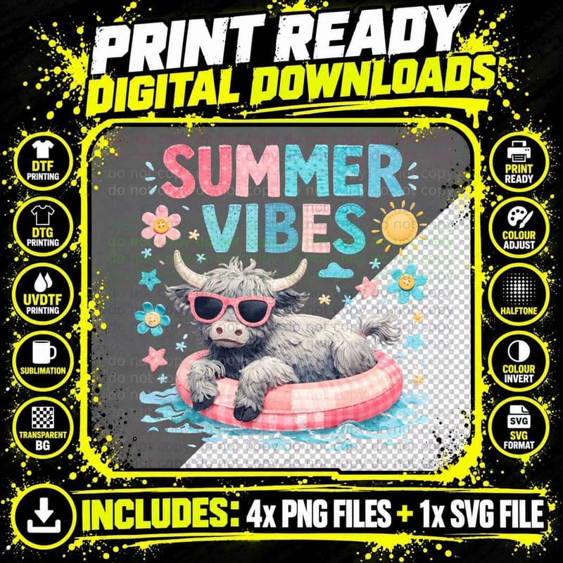 Summer Vibes Summer T-Shirt, Highland Cow Vibes Sunny Png SVG Digital Bundle