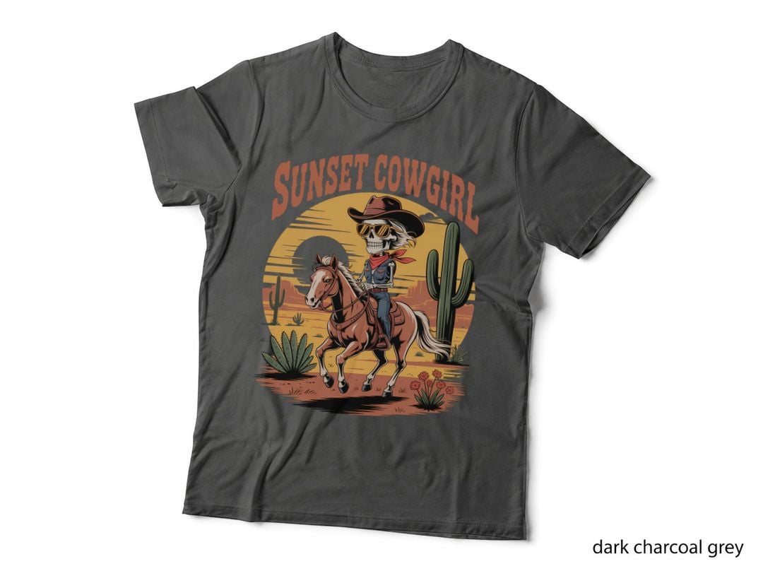 Sunset Cowgirl Horse T-Shirt, Desert Sunset Cowgirl Riding Horse Graphic Tee