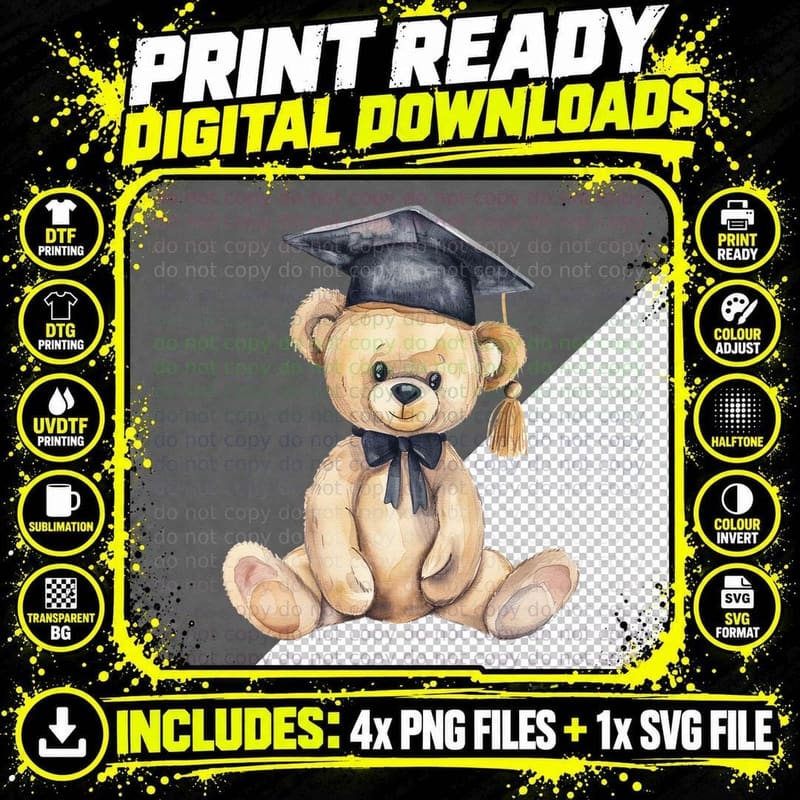 Tan Bear Grad Cap Black Ribbon Bow Graduation T-Shirt Png SVG Digital Bundle