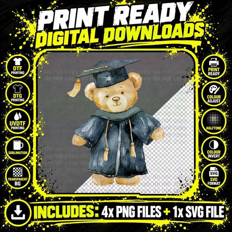 Teddy Bear Grad Cap and Gown Graduation T-Shirt Png SVG Digital Bundle