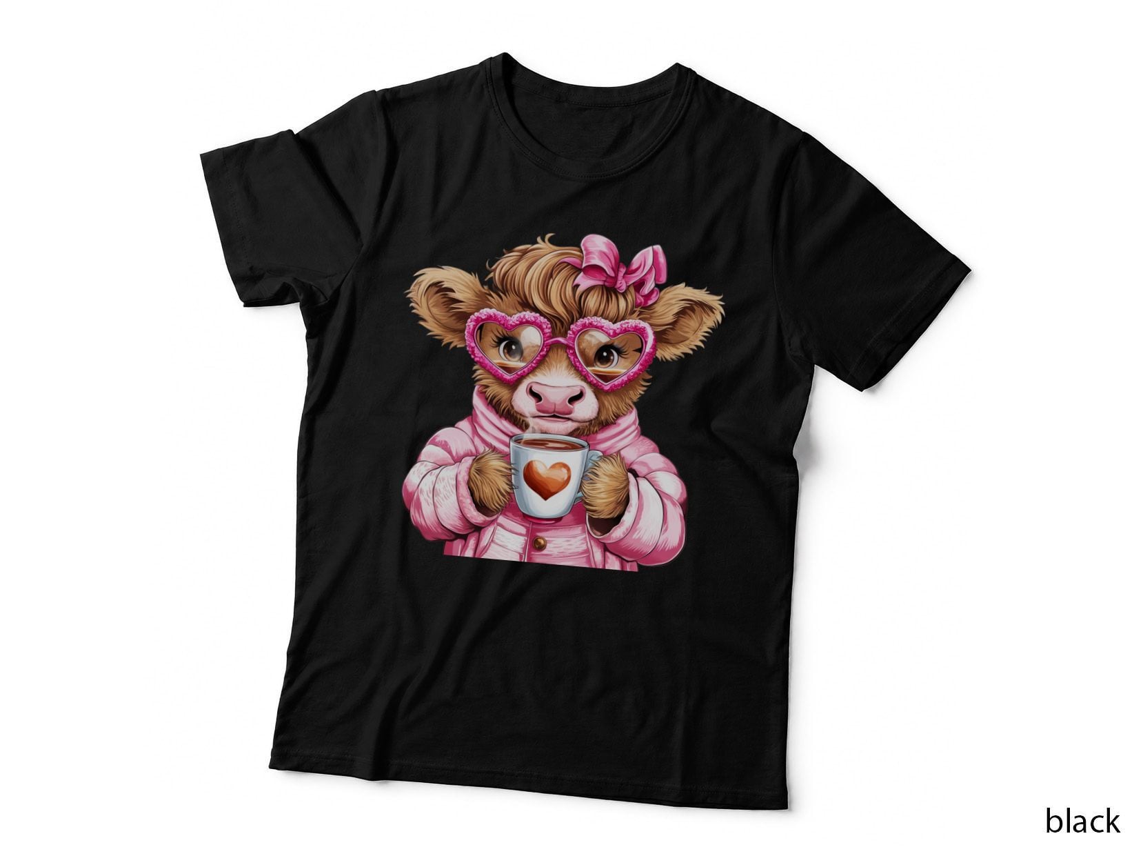 Teddy Bear in Pink with Heart Glasses Holding Highland Cow T-Shirt