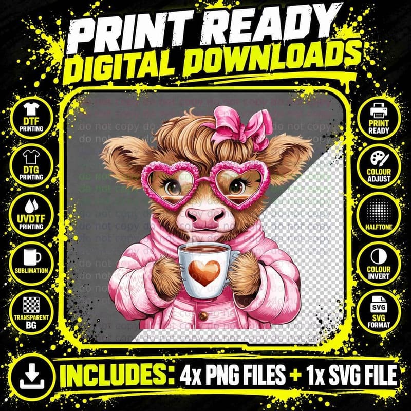 Teddy Bear in Pink with Heart Glasses Holding Highland Png SVG Digital Bundle