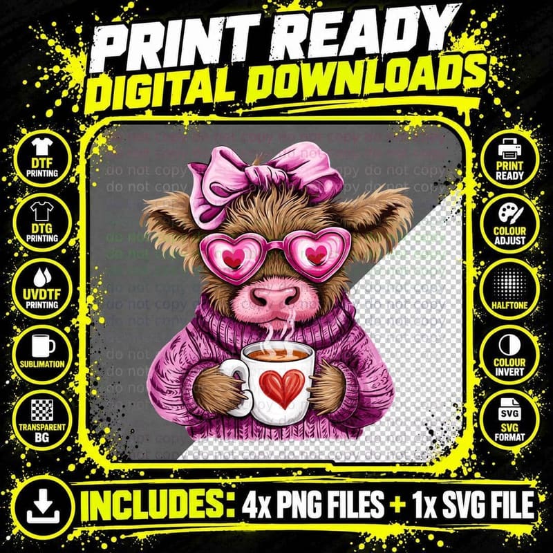 Teddy Bear in Pink with Heart Mug Highland Cow T-Shirt Png SVG Digital Bundle