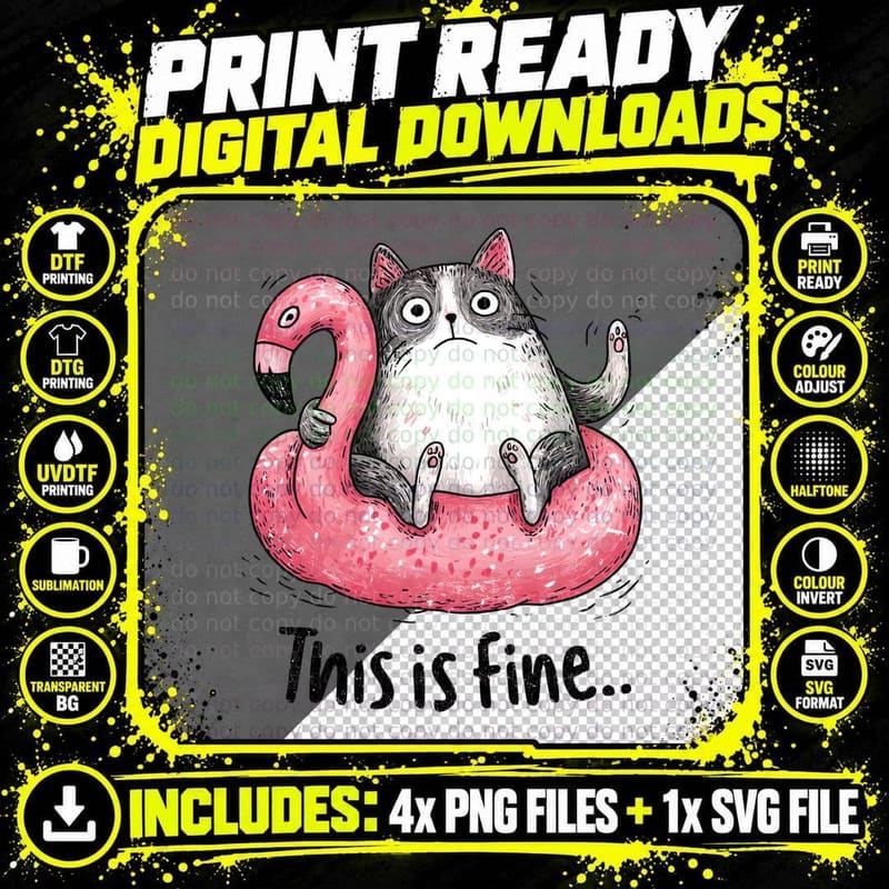 This Is Fine... Summer T-Shirt, Cat Floatie Ring Playful Png SVG Digital Bundle