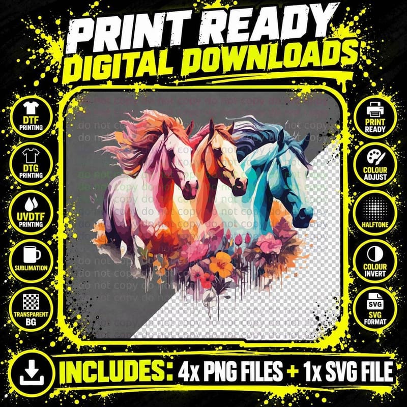 Three Horses Amidst Vibrant Flowers Horse T-Shirt Png SVG Digital Bundle