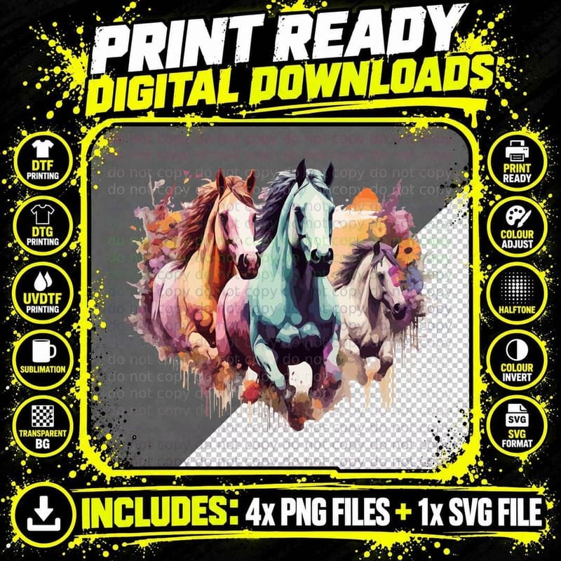 Three Horses in Vibrant Colors Horse T-Shirt Png SVG Digital Bundle