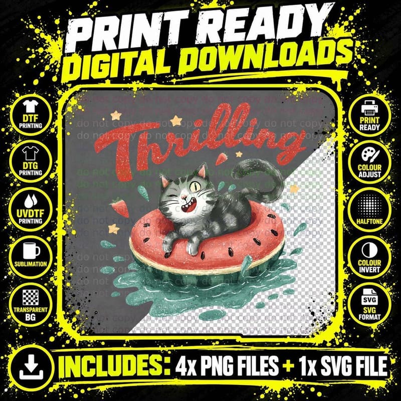Thriving Summer T-Shirt, Cat Watermelon Floating Happy Png SVG Digital Bundle