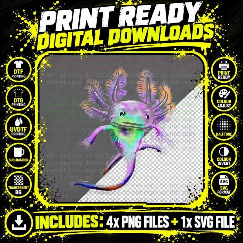 Tie Dye Pop Art Axolotl, Psychedelic, Boho Style Png SVG Digital Bundle