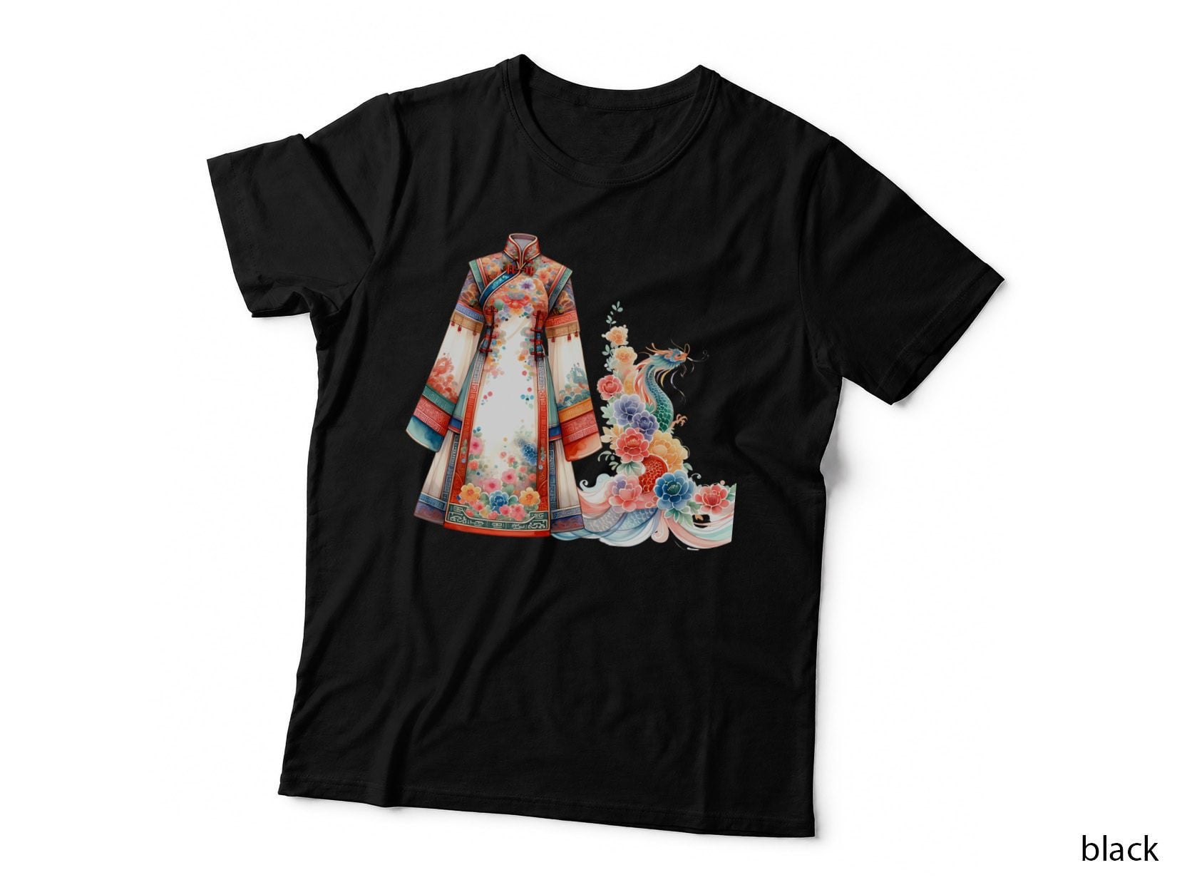 Traditional Chinese Dress with Dragon and Flowers Lunar New Year T-Shirt