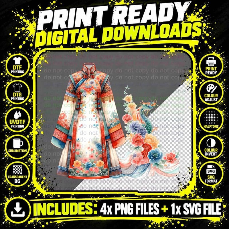 Traditional Chinese Dress with Dragon and Flowers Lunar Png SVG Digital Bundle