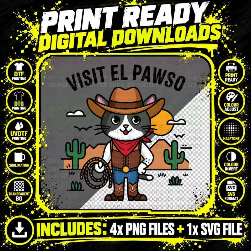 Visit El Pawso Funny Cat T-Shirt, Cat Cowboy in Desert Png SVG Digital Bundle
