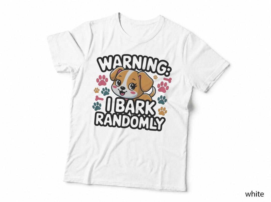 Warning I Bark Randomly Funny Dog T-Shirt, Cartoon Dog with Colorful Paw Prints