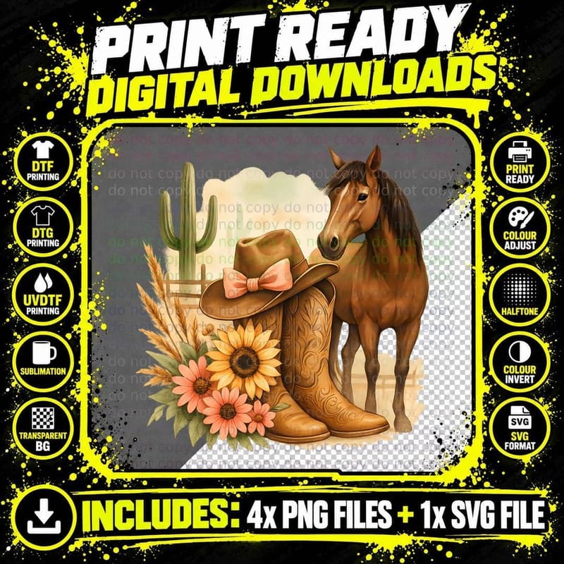 Western Cowboy Boots Horse Cactus Flowers Horse T-Shirt Png SVG Digital Bundle
