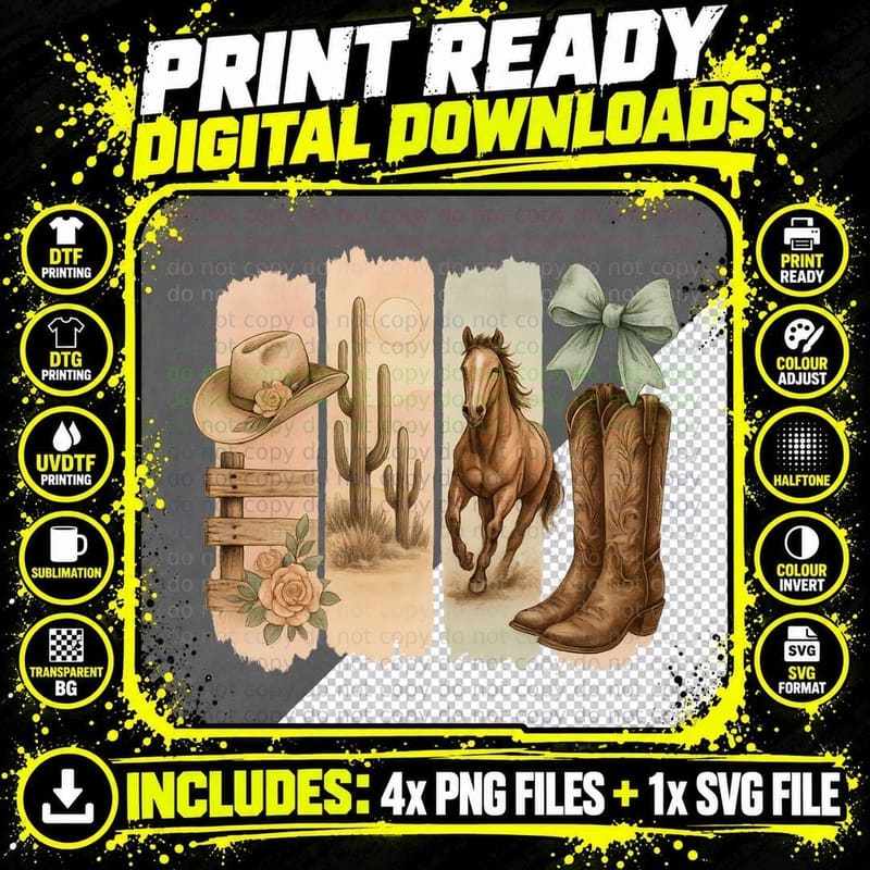 Western Desert Scene with Cowboy Hat Cactus Horse T-Shirt Png SVG Digital Bundle