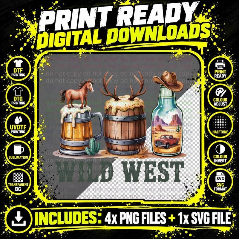 Wild West Western T-Shirt, Wild West Beer Horse Cactus Png SVG Digital Bundle