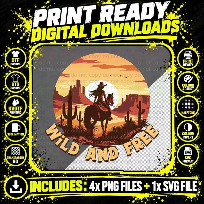 Wild and Free Western T-Shirt, Desert Sunset Cowboy Png SVG Digital Bundle