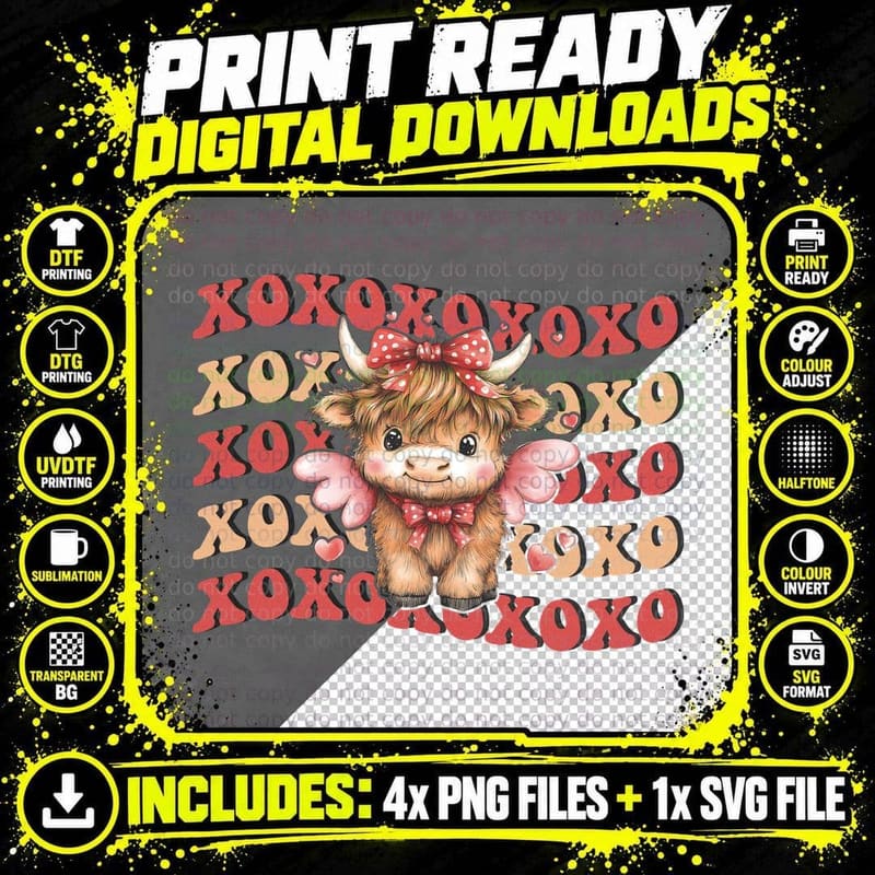 Xoxo Highland Cow T-Shirt, Adorable Highland Cow with Png SVG Digital Bundle