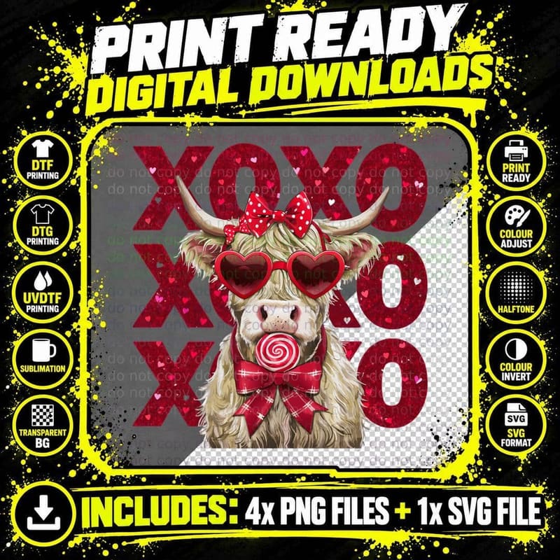 Xoxo Highland Cow T-Shirt, Highland Cow in Love with Png SVG Digital Bundle