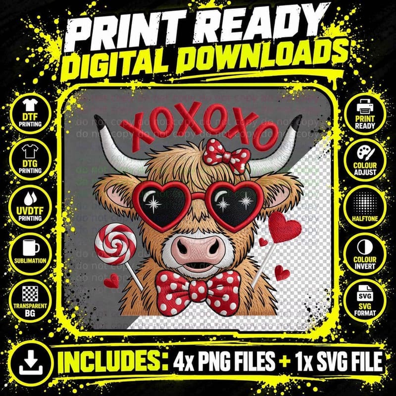 Xoxoxo Highland Cow T-Shirt, Highland Cow in Love with Png SVG Digital Bundle