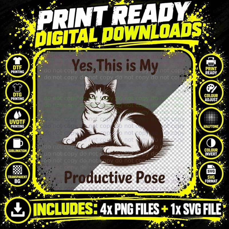 Yes This Is My Productive Pose Funny Cat T-Shirt Png SVG Digital Bundle
