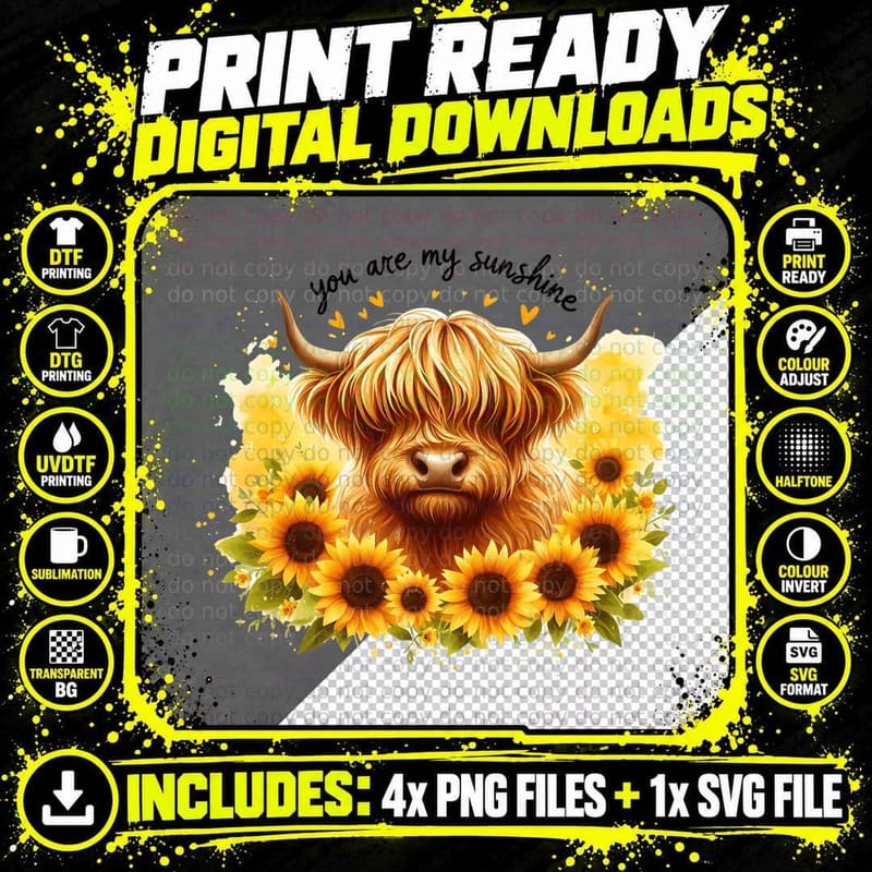 You Are My Sunshine Highland Cow T-Shirt Png SVG Digital Bundle