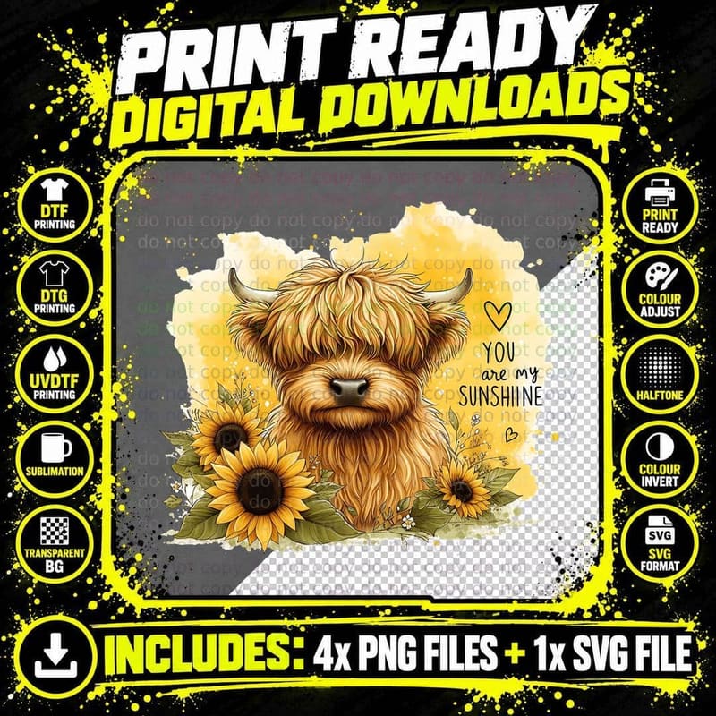 You Are My Sunshine Highland Cow T-Shirt Png SVG Digital Bundle