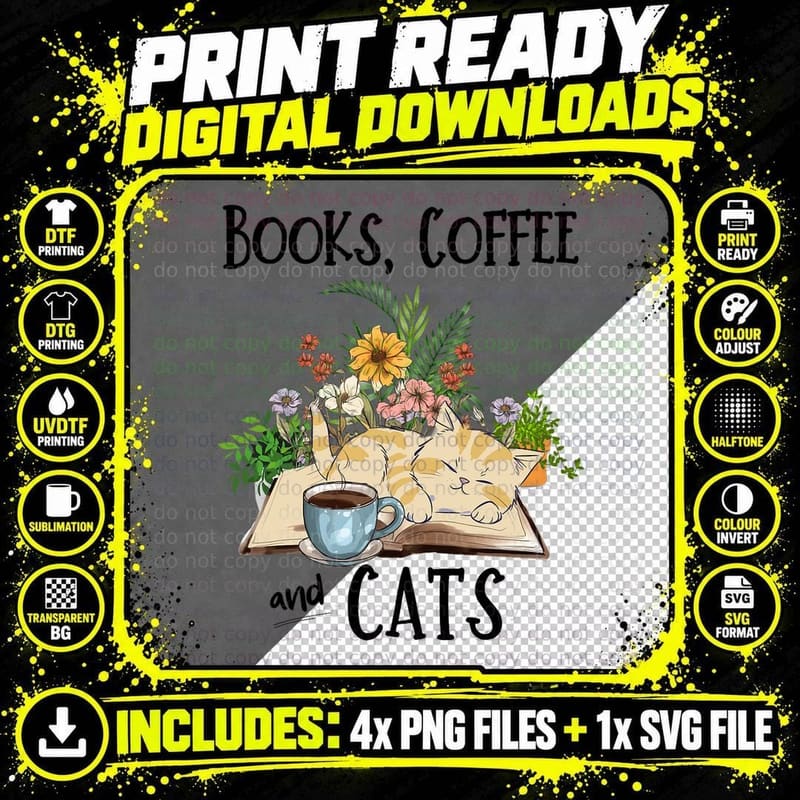 Adorable Books Coffee and Cats Cat Book Plant Coffee Png SVG Digital Bundle