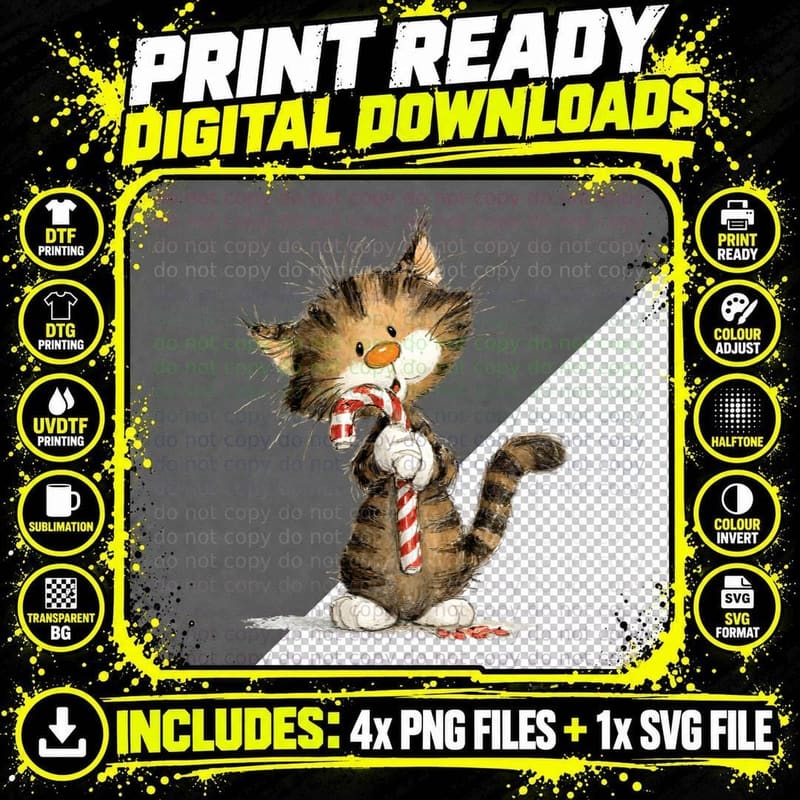 Adorable Kitten Hugging Candy Cane Cute Holiday Cat Png SVG Digital Bundle