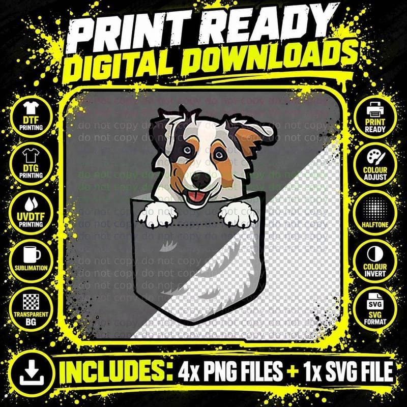 Adorable Little Australian Shepherd Dog in the Pocket Png SVG Digital Bundle