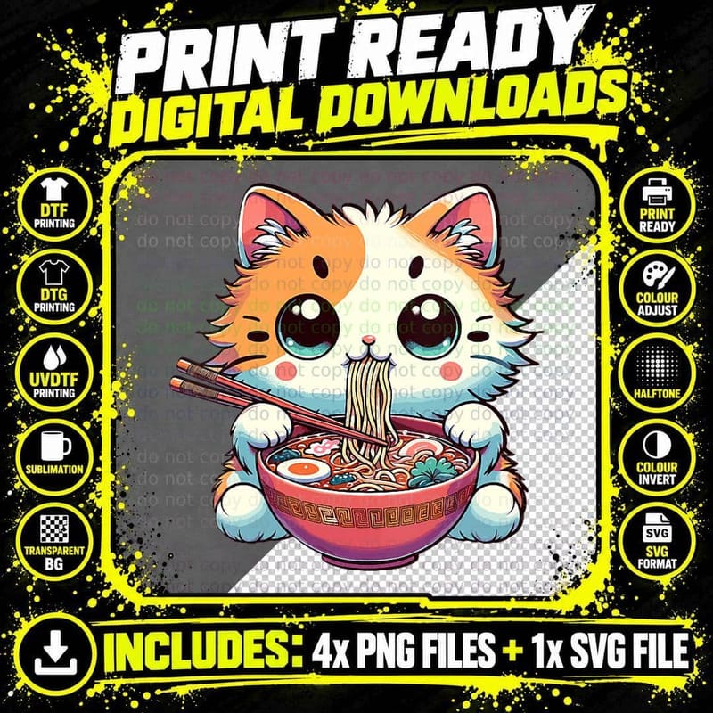 Adorable Ramen Kitty - Cute Noodle Cat T-Shirt, Lover Tee Png SVG Digital Bundle