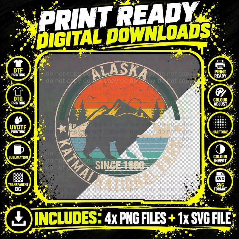Alaska Katmai National Park Retro Bear Souvenir Hunting Png SVG Digital Bundle