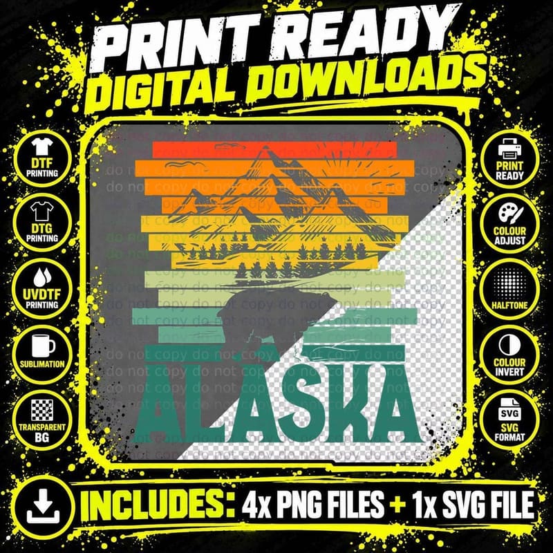 Alaskan Glacier Mountains Landscape Bear Animal Retro Png SVG Digital Bundle