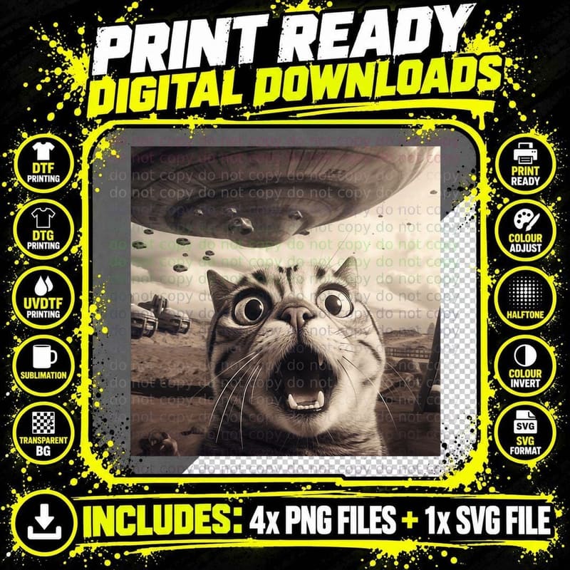Alien UFO Funny Cat Selfie Scared Cat Lover Spaceship Png SVG Digital Bundle