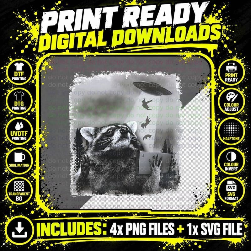 Alien UFO Funny Raccoon Taking Selfie Trash Panda Racoon Png SVG Digital Bundle