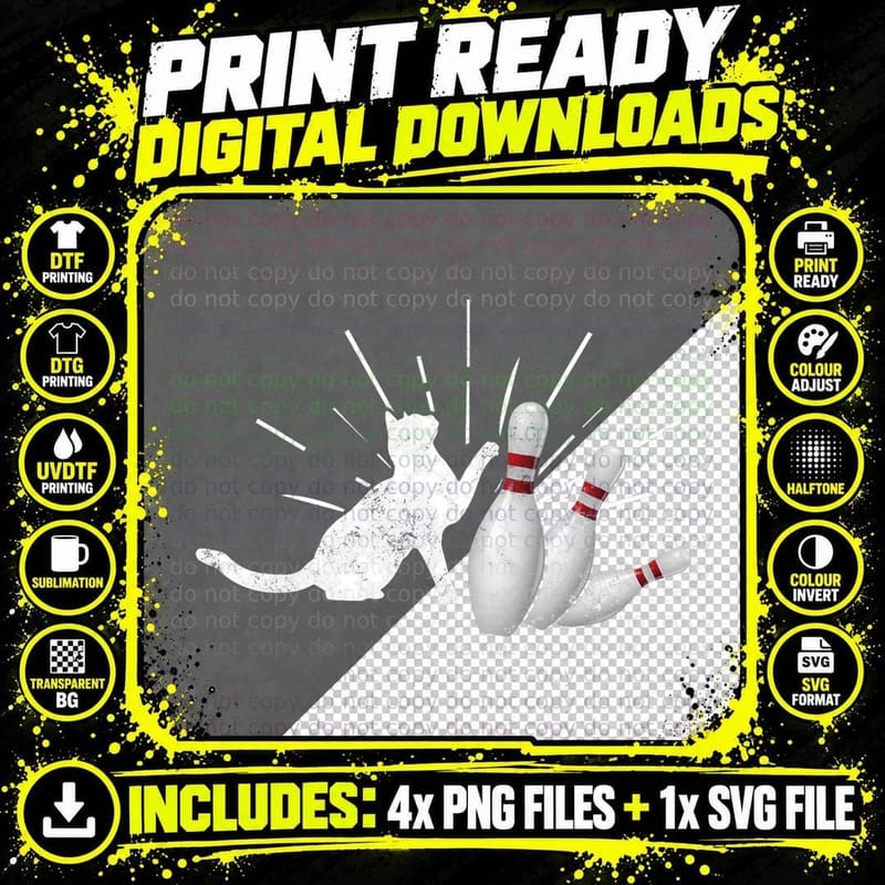 Alley Cat Tipping Pins Funny Bowling, Men's, Humor Png SVG Digital Bundle