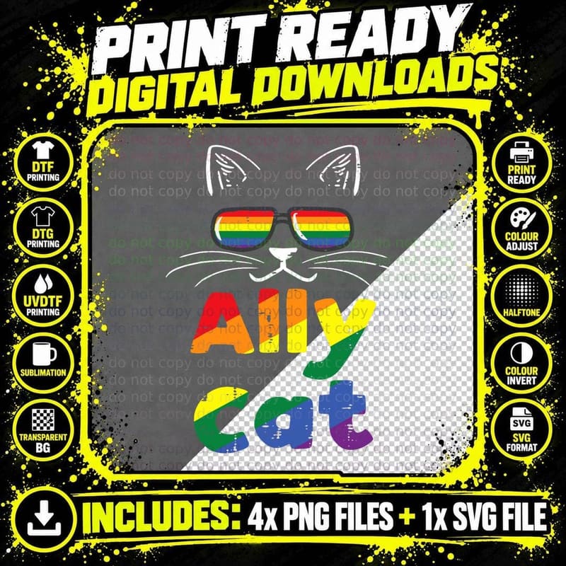 Ally Cat Pride Month Straight Ally Gay LGBTQ LGBT Women Png SVG Digital Bundle