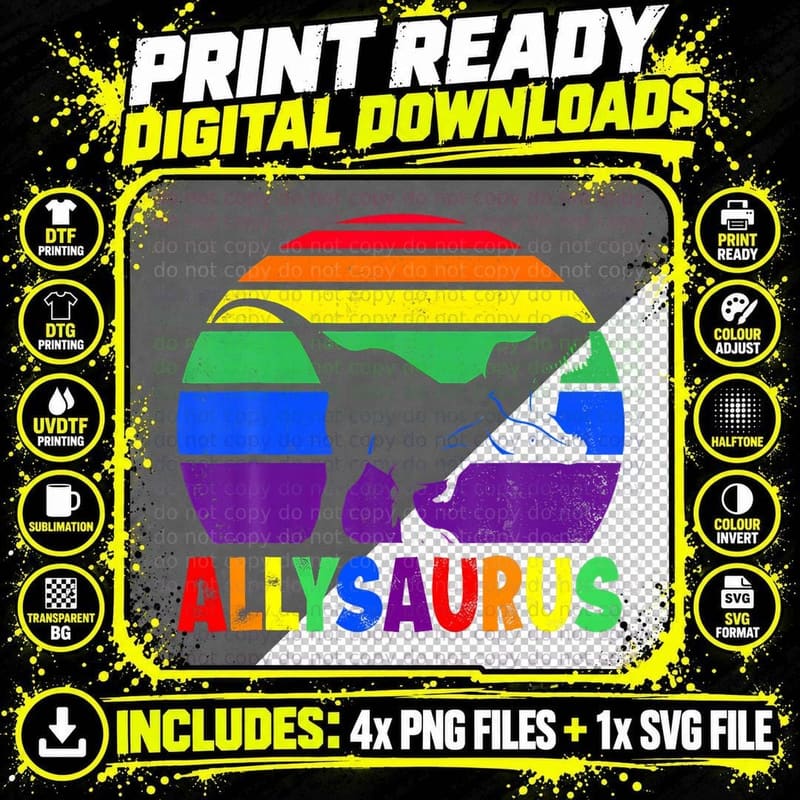 Allysaurus LGBT Dinosaur Rainbow Flag Ally LGBT Pride Png SVG Digital Bundle