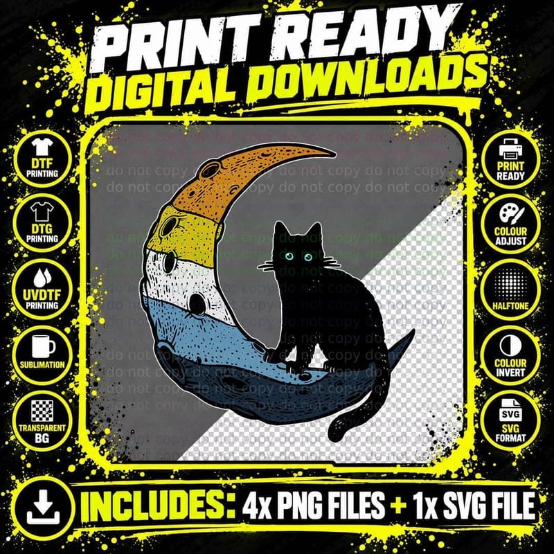 Aroace Sunset Pride Flag Moon Cat LGBT Gay Asexual Png SVG Digital Bundle