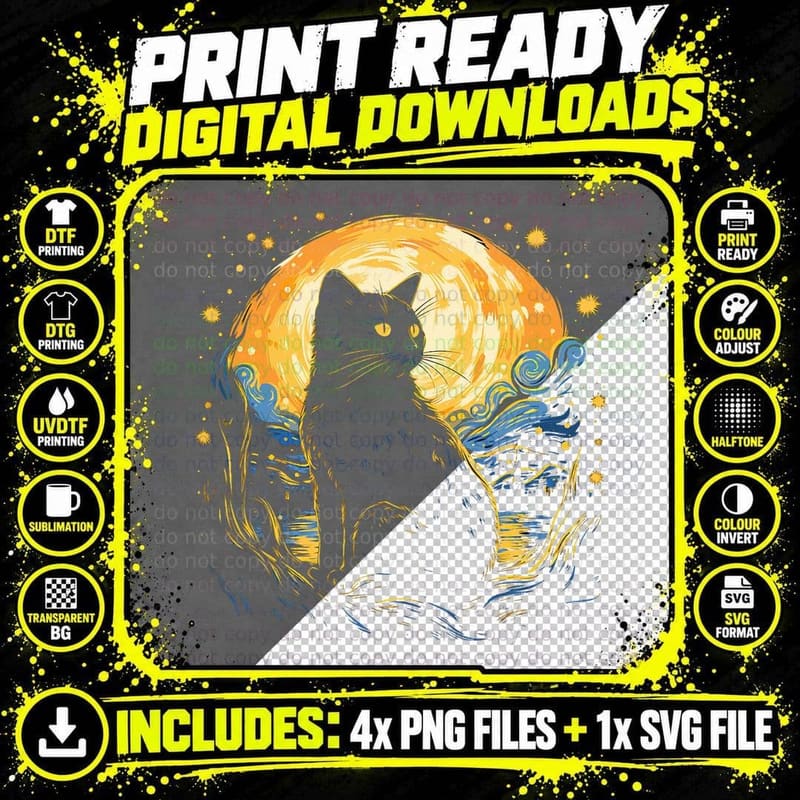 Art Van Gogh Starry Night Black Cat for Cats Lover Mom Png SVG Digital Bundle