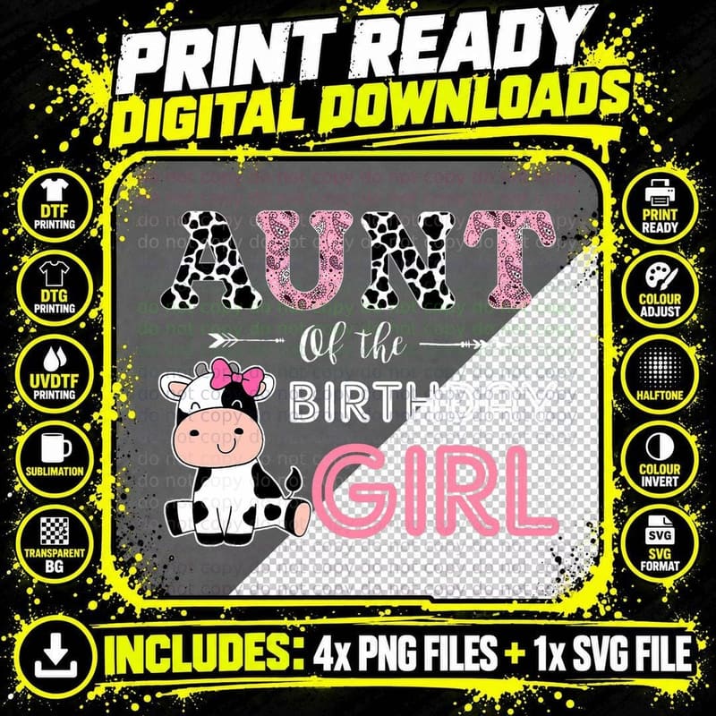 Aunt of the Birthday Girl Farm Cow Auntie Matching Png SVG Digital Bundle