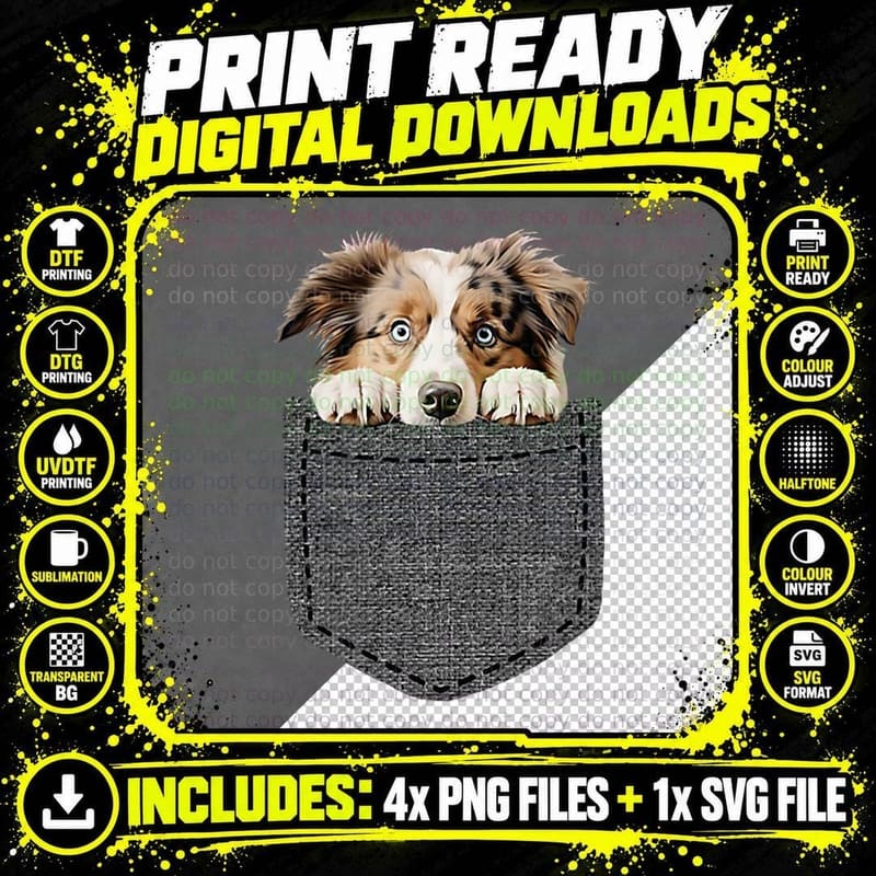 Australian Shepherd Dog in Pocket, Aussie Dog Png SVG Digital Bundle