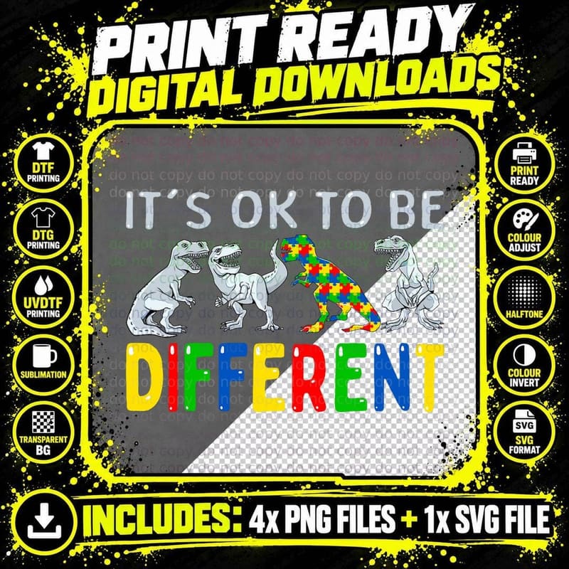 Autism Awareness Dinosaur Kid Boys It's Ok to Be Png SVG Digital Bundle