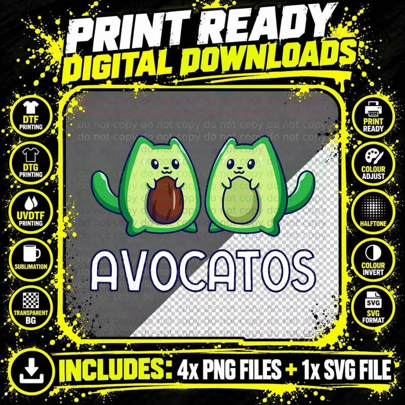 Avogato Avocado Cat Vegan Cat, Cute Animal Png SVG Digital Bundle