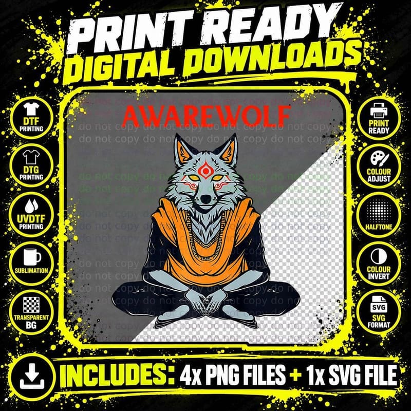 Awarewolf Wolf Yoga Aware Meditation Namaste Yogi Png SVG Digital Bundle