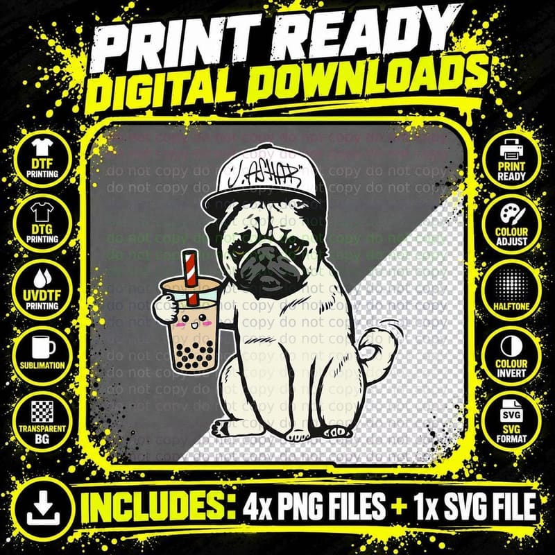 Babu the Pug Dog Drinking Bubble Tea Png SVG Digital Bundle